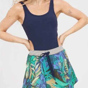 S, NWT Navy Ribbed Tennis Romper with Tropical Print Skirt by Aerie